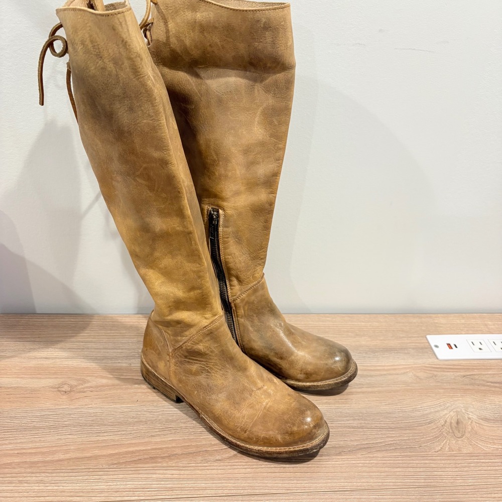 Bed Stu Manchester Distressed Leather Tall Boots Women 7.5 M Rear Lace Up Zip